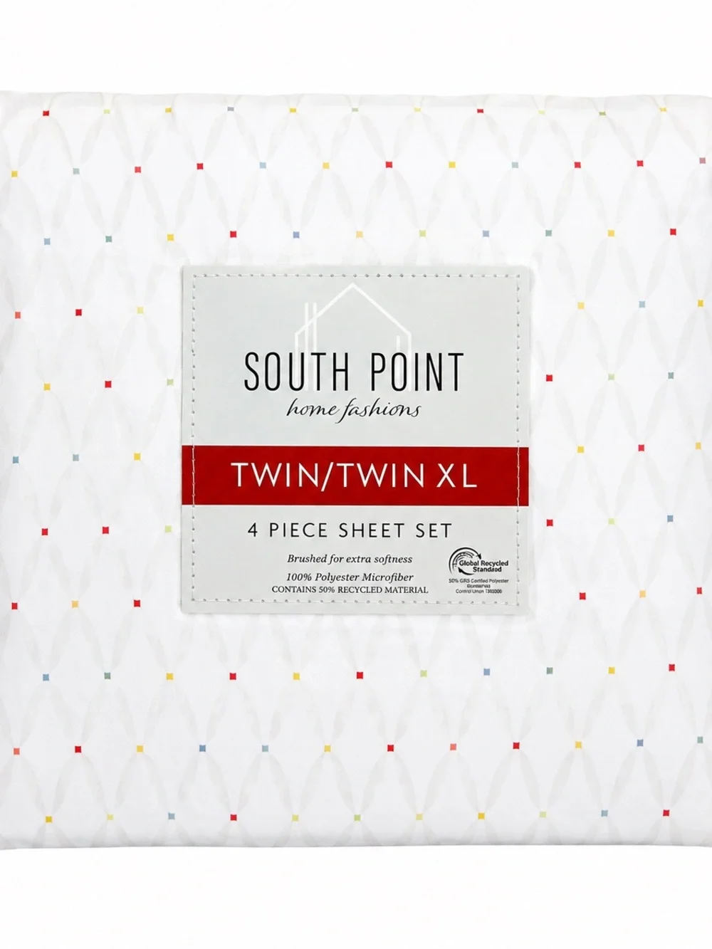 South Point Twin/Twin XL 4-Piece Sheet Set - White with Multicolor Dot Pattern